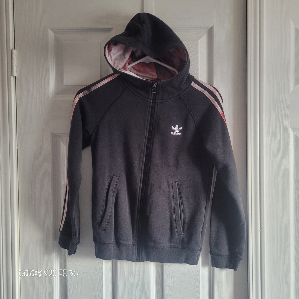 Adidas Kids Black Hoodie with Pink Stripes
